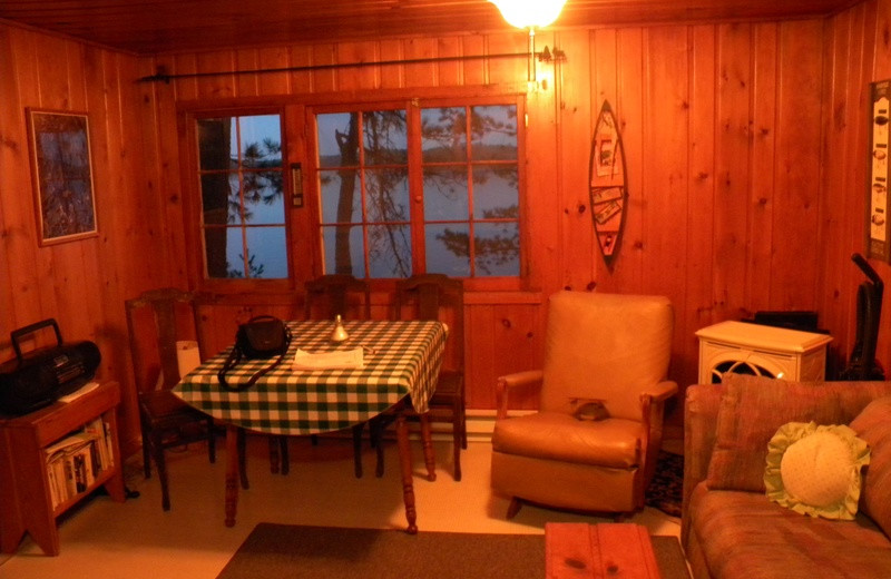 Cabin living room at Crane Lake Wilderness Lodge.