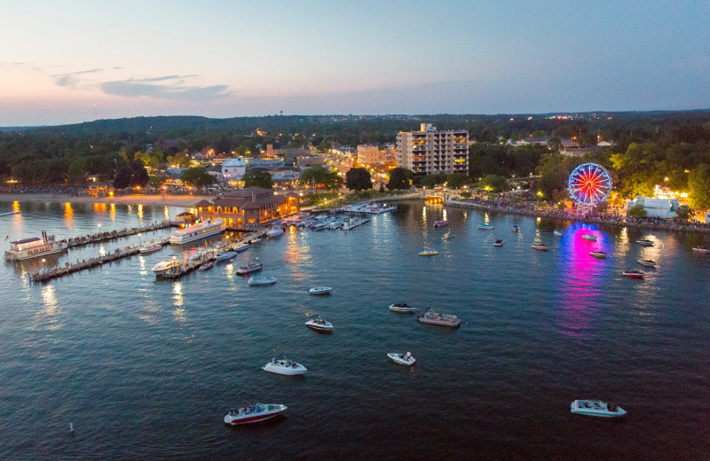 Aerial view of area at Harbor Shores on Lake Geneva.