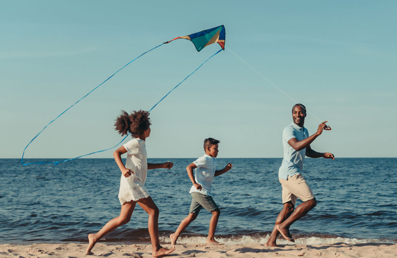 Family flying kite on beach at The Beach Condominiums Hotel-Resort.