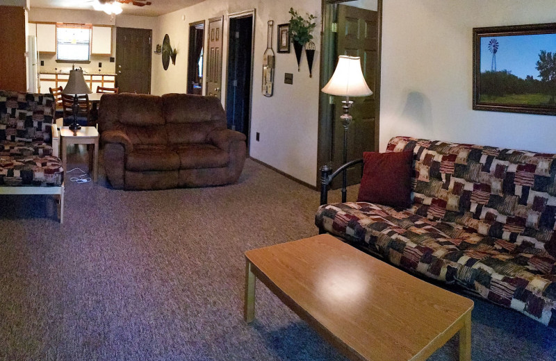 Condo living room and kitchen at Heart of Texas Lake Resort.