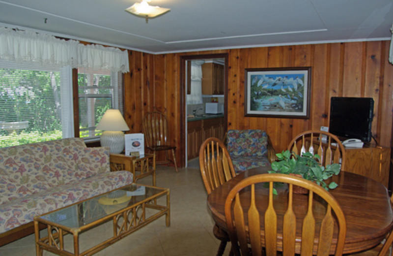 Cabin dining and living room at Rock Reef Resort.