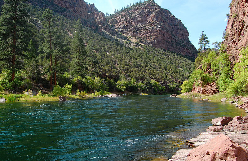 River and mountains at Flaming Gorge Lodge.