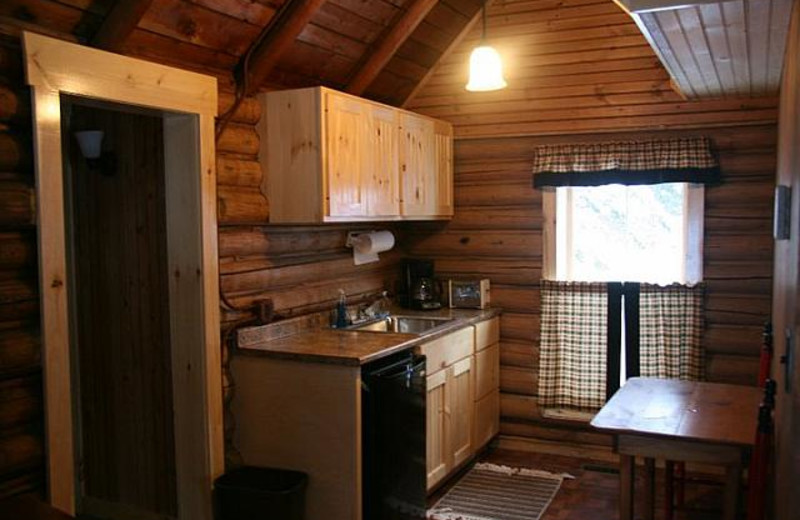 Cabin kitchen at Bald Mountain Camps Resort. 