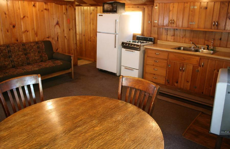 Cabin kitchen and dining room at Bladow Beach Resort & Campground.
