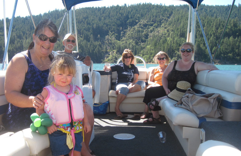 Family on a pontoon at Trinity Lake.