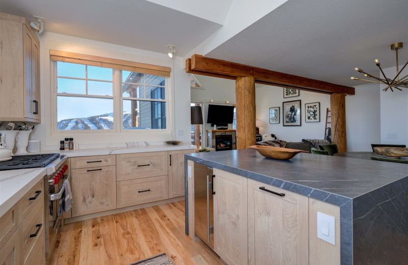 Rental kitchen at Moonlight Rentals in Big Sky.