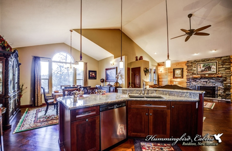 Kitchen and living room at Hummingbird Cabins - Pine Cone Cabin Vacation Rental