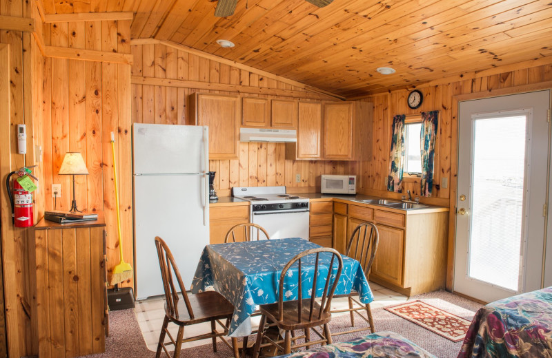 Cabin kitchen at Hiawatha Beach Resort.