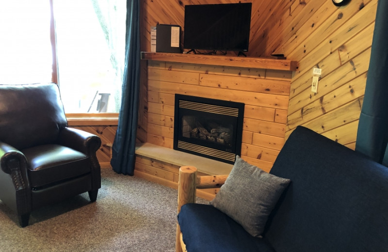 Cabin fireplace at Lakecrest Resort.