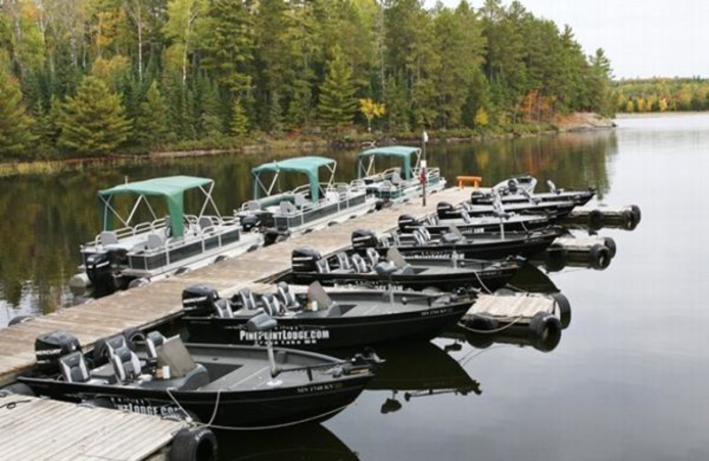 Boats lined at the dock at Pine Point Lodge.