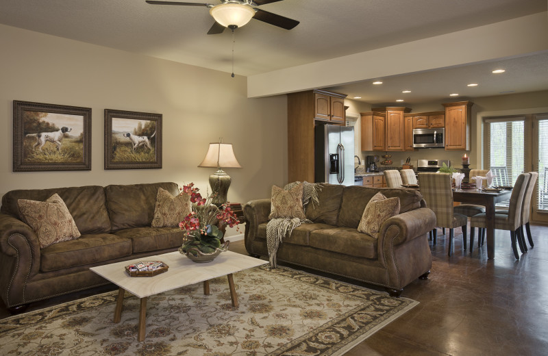 Cabin living room and kitchen at Caryonah Hunting Lodge.