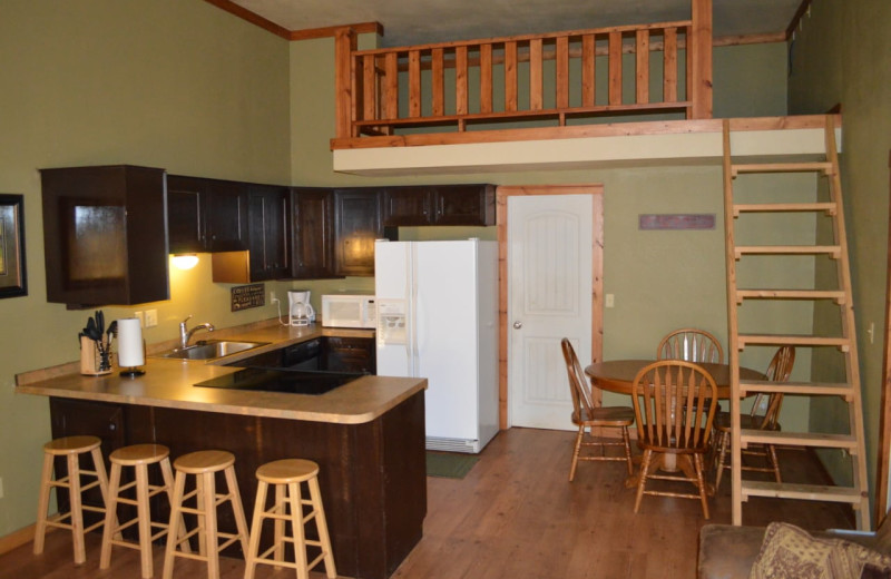 Cabin kitchen at Mulberry Mountain Lodging & Events.