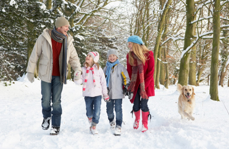 Family walking in snow at Big Bear Cool Cabins.