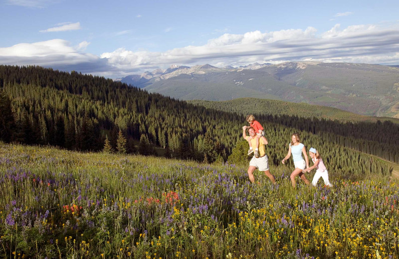 Family hiking in the mountains at Manor Vail Lodge.