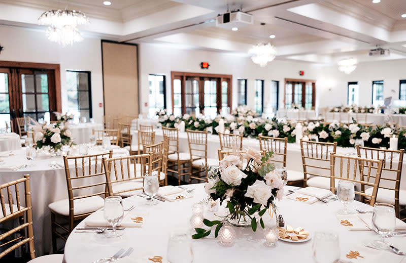 A luxurious wedding dining room hall.