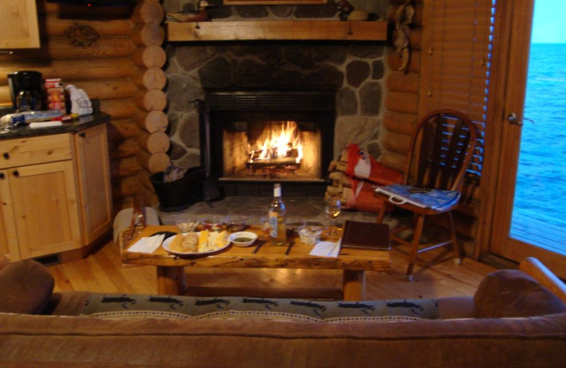 Cabin fireplace at Dodge's Log Lodges.
