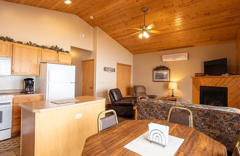 Cabin kitchen and living room at Barky's Resort.
