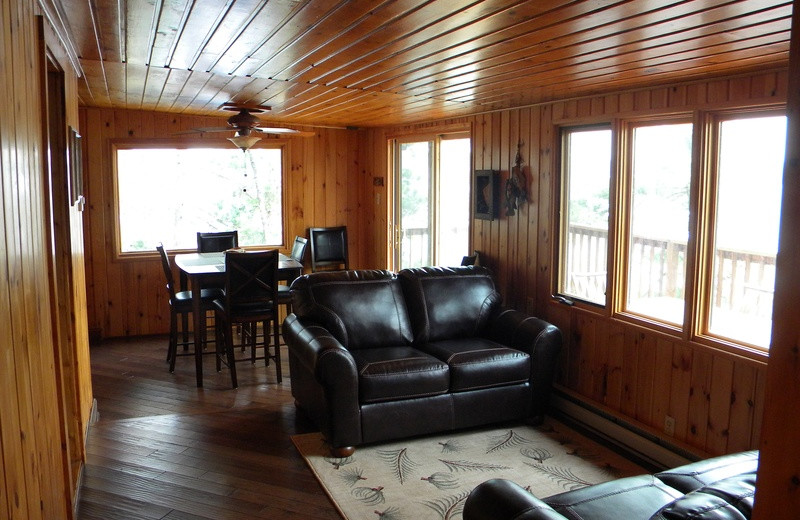 Cabin living room at Crane Lake Wilderness Lodge.