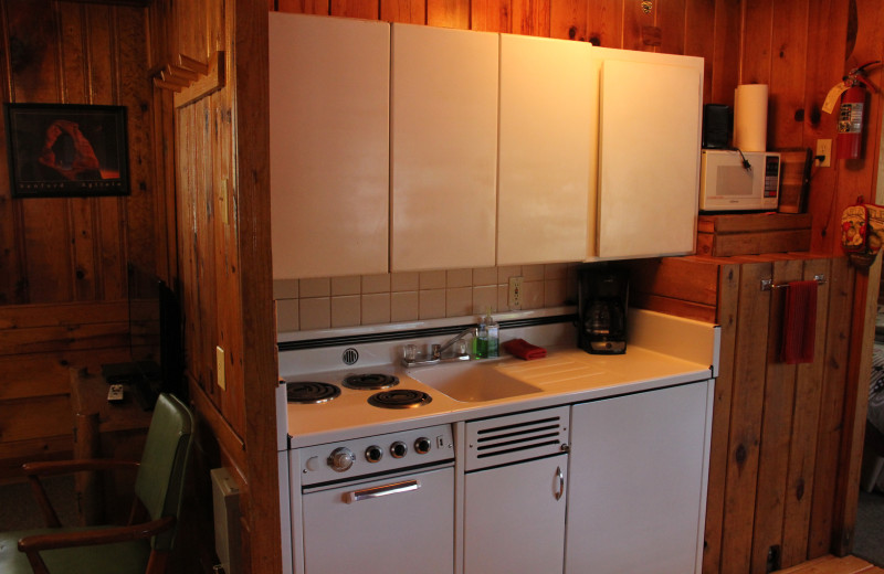 Cabin kitchen at Hidden Rest Resort.