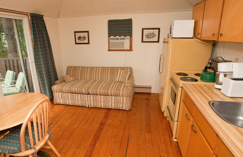 Cottage living room and kitchen at Scotsman Point Cottage Resort. 