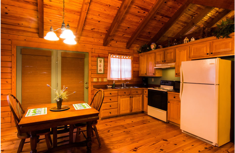 Cabin kitchen at Whispering Hills Cabins.