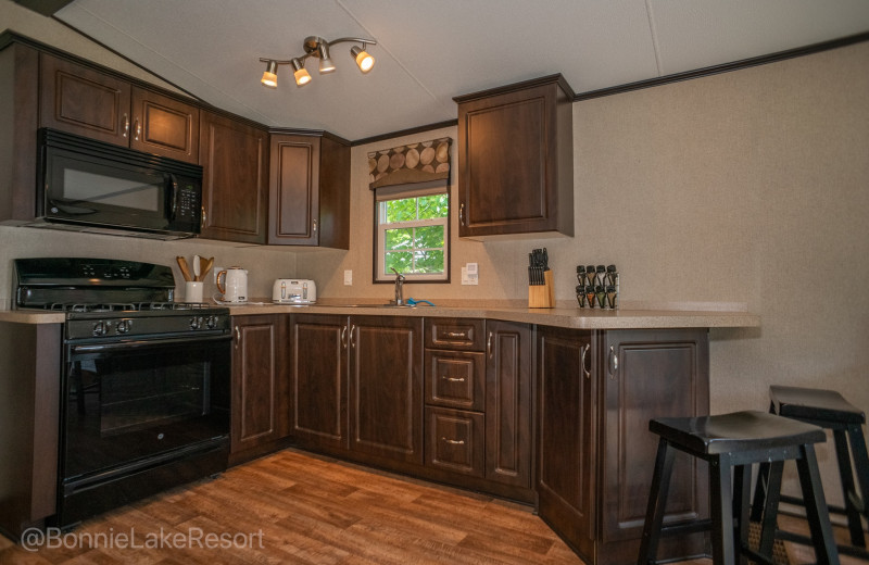 Cabin kitchen at Bonnie Lake Resort.
