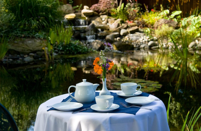 Tea time in garden at Galiano Oceanfront Inn and Spa.