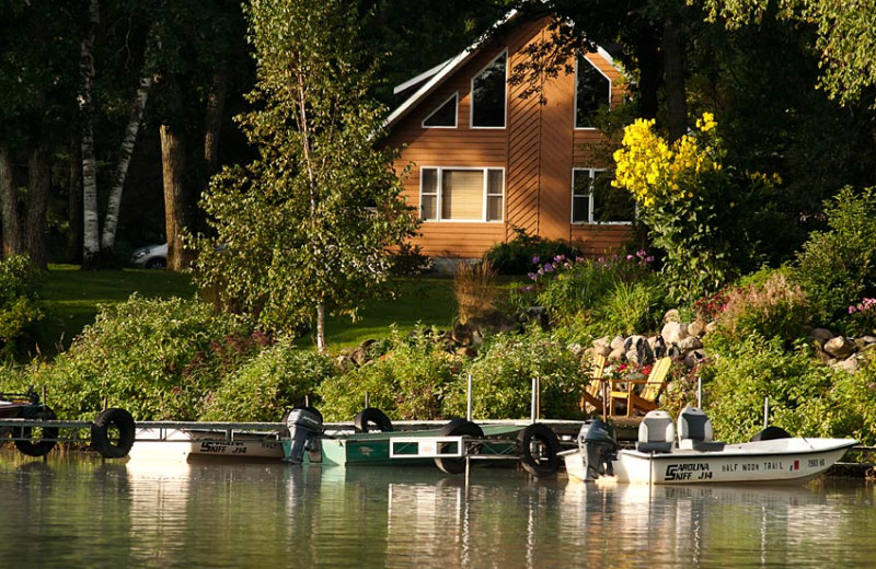 View of cabin 18 exterior from Boot Lake at Half Moon Trail Resort.