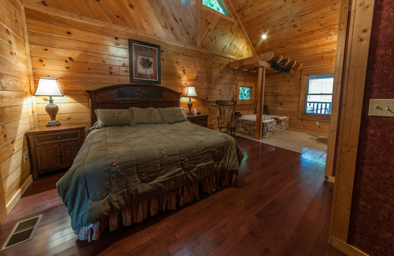 Cabin bedroom at Oak Haven Resort.