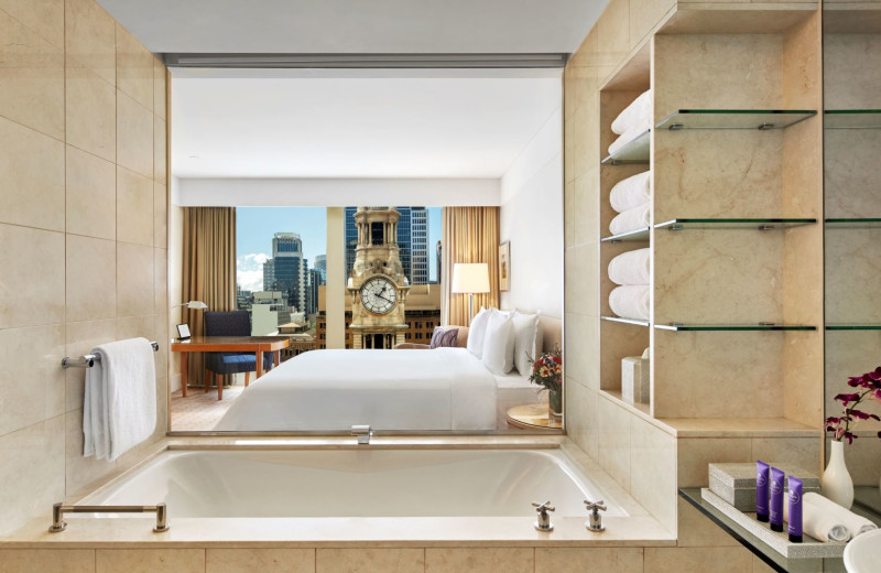 Guest room at The Fullerton Hotel Sydney.