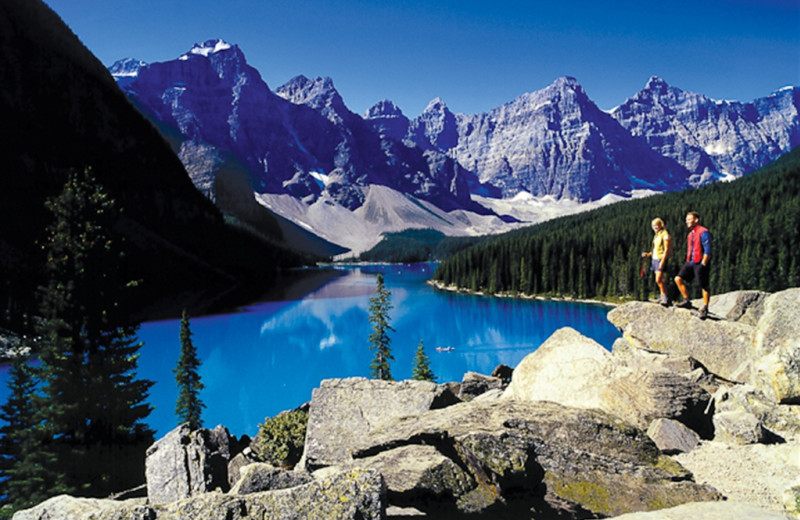 Mountain and lake view at Mountaineer Lodge.