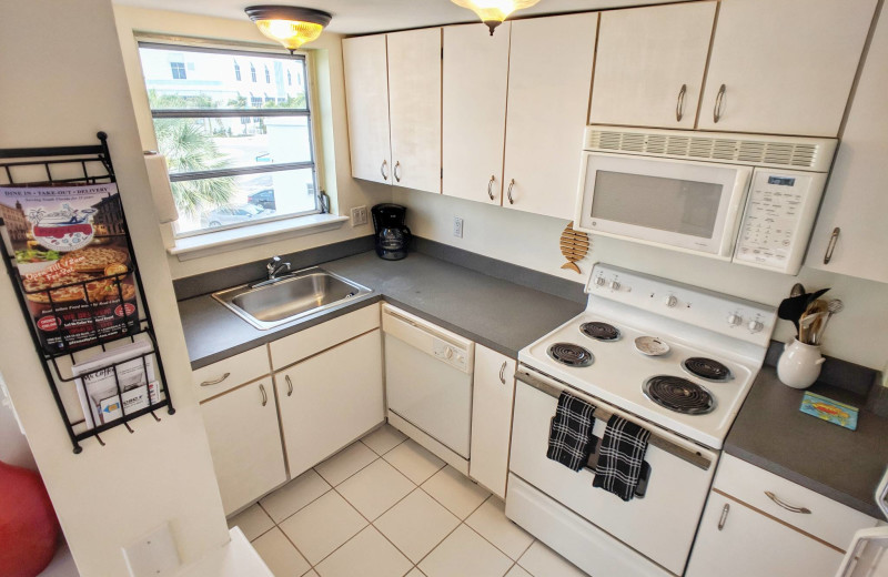 Rental kitchen at Walker Vacation Rentals.