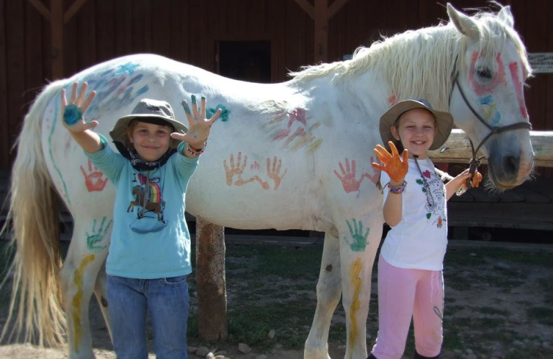 Kids painting horse at Goosewing Ranch.