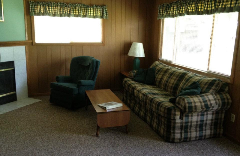 Cabin living room at Weslake Resort. 