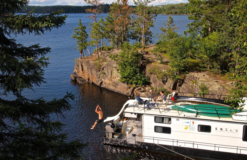 Going down houseboat slide at Ebel's Voyageur Houseboats.