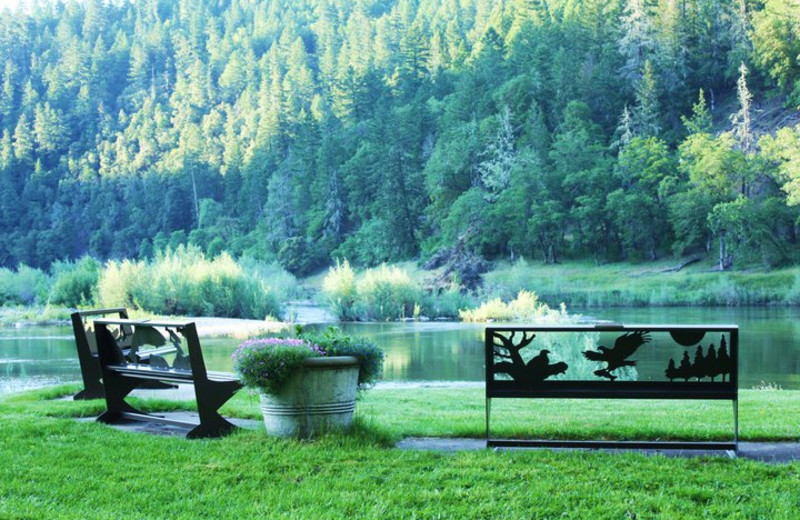 Benches by the water at Morrison's Rogue River Lodge.