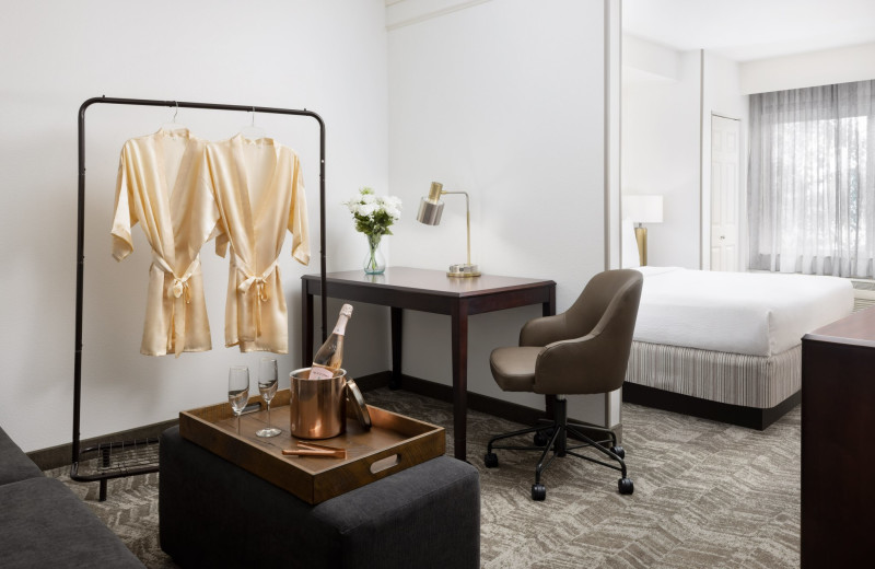 Guest room at SpringHill Suites Fresno.