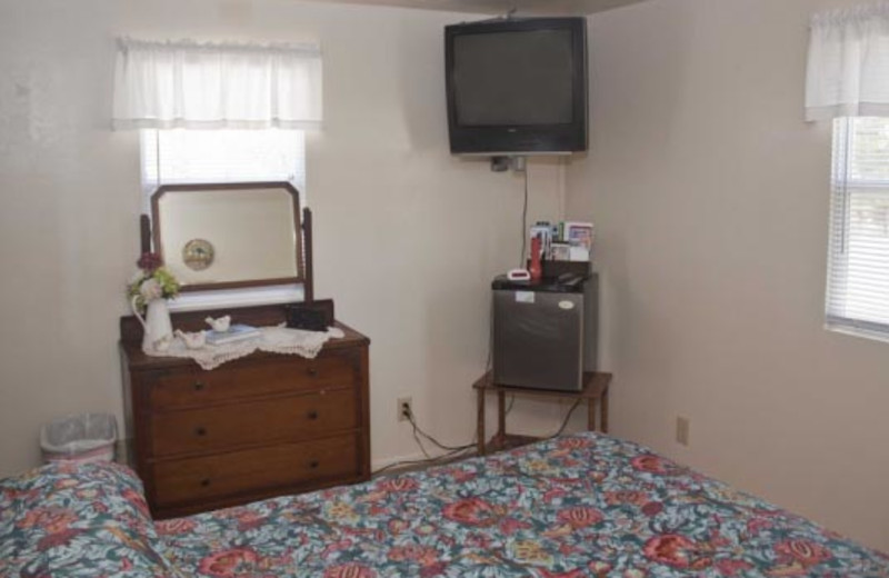 Motel bedroom at Blue Horizon Lodge.