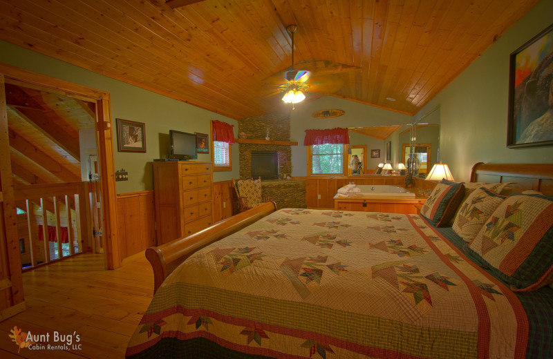Cabin bedroom at Aunt Bug's Cabin Rentals, LLC.
