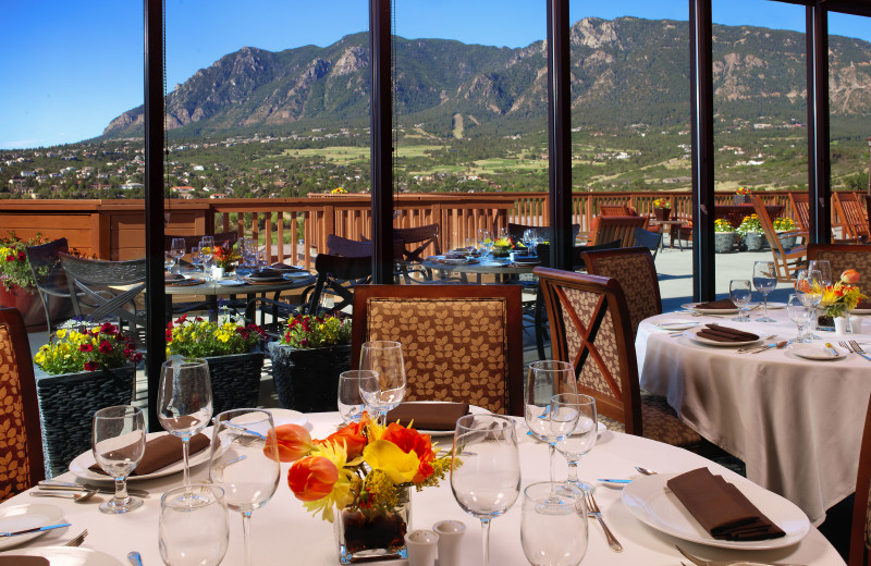 Known for its award-winning buffets, the Mountain View Restaurant at Cheyenne Mountain Resort features high wood-beamed ceilings and stunning views of the Rocky Mountain Front Range.