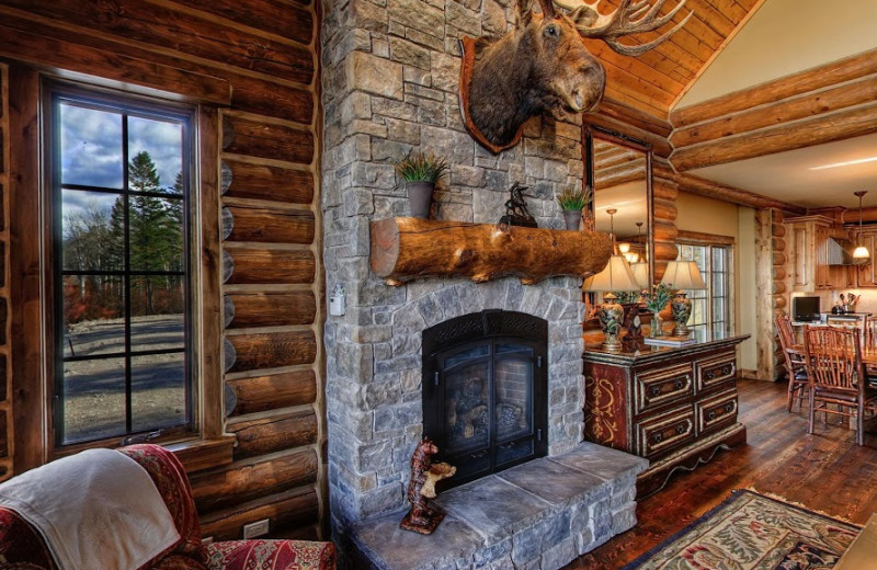 Cabin fireplace at Teton Springs Lodge.