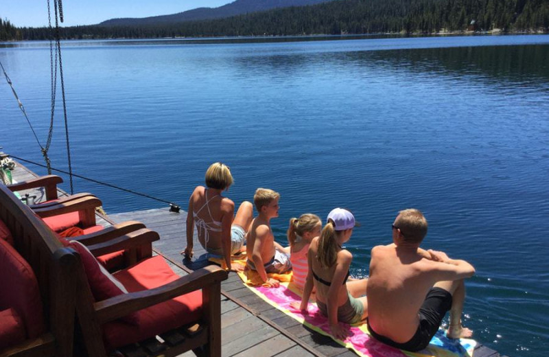 Family on floating dock at Elk Lake Resort.