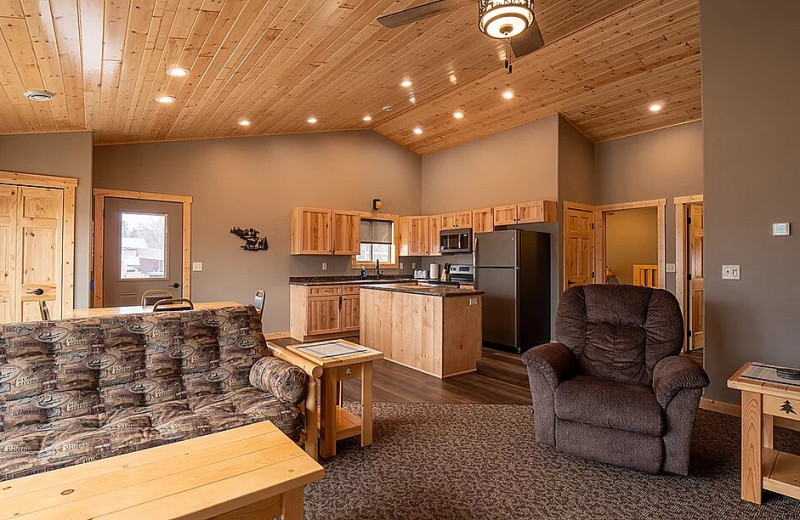 Cabin kitchen and living room at Barky's Resort.