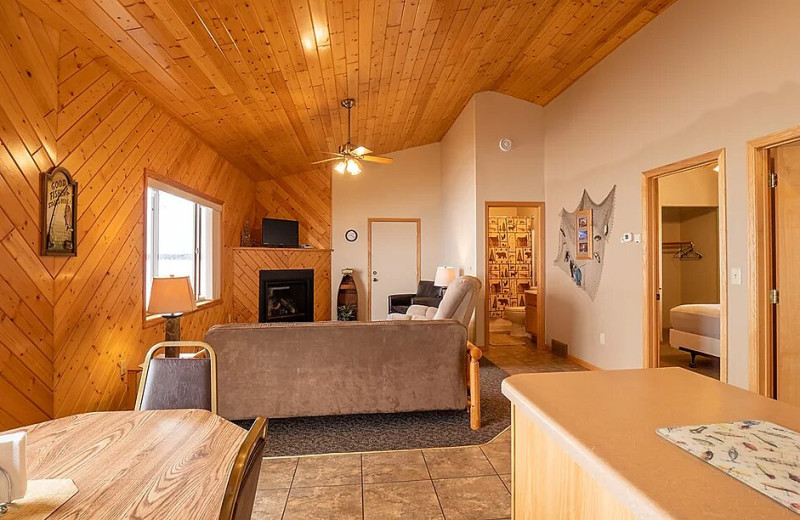 Cabin kitchen and living room at Barky's Resort.