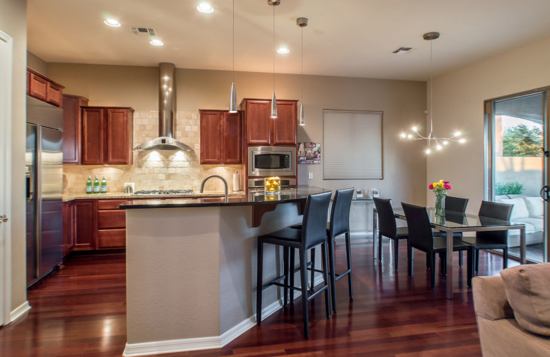 Rental kitchen at Latitude 8 Vacation Rentals.