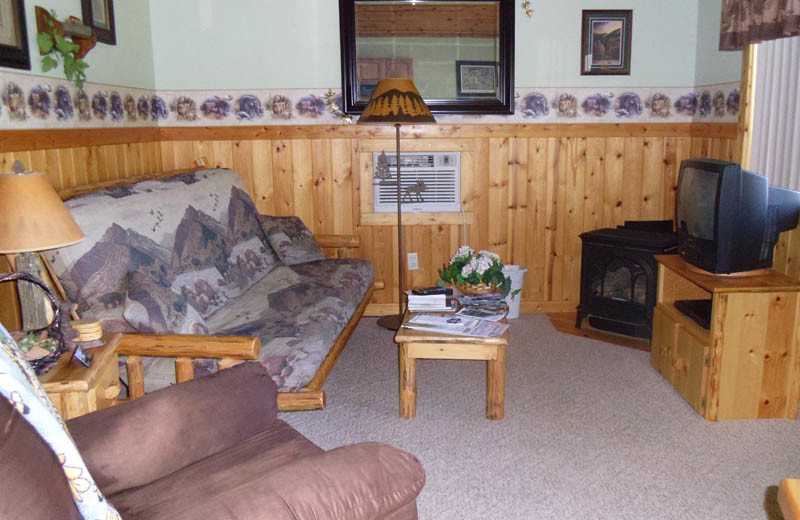 Cabin living room at Glaciers' Mountain Resort.