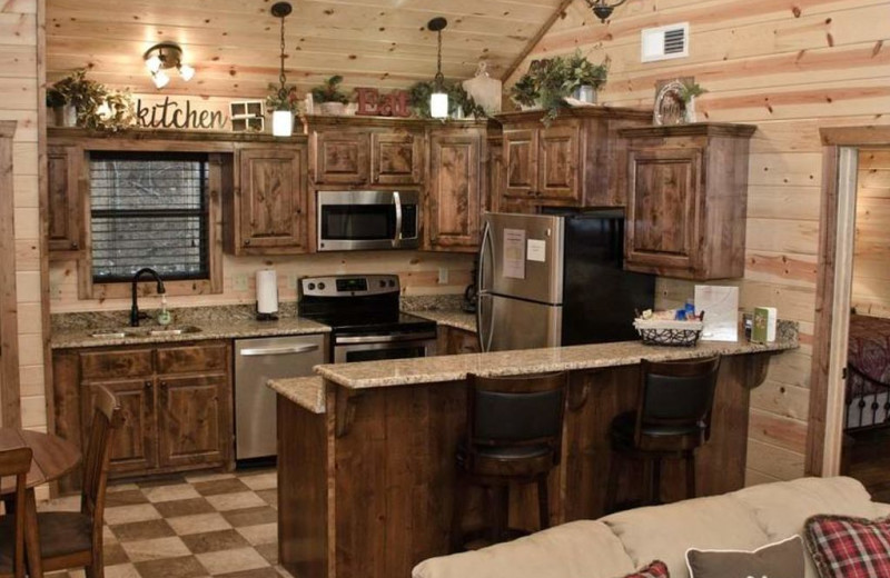 Cabin kitchen at Lake Mountain Cabins.