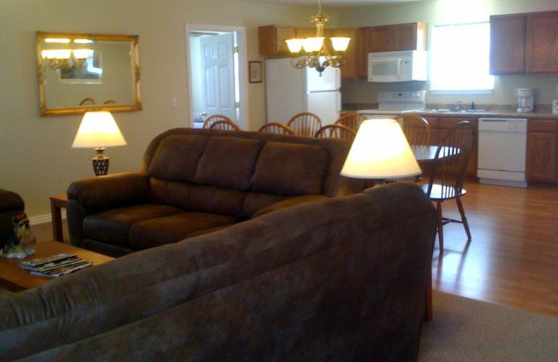 Cabin living room and kitchen at Lighthouse Lodge Resort.