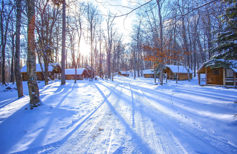 Winter cabins at Old Forge Camping Resort.