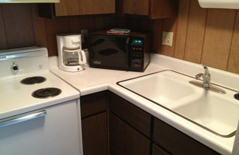 cabin kitchen at Weslake Resort. 